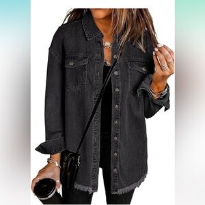 Black Denim shirt/Jacket “Shacket” with Frayed Hem